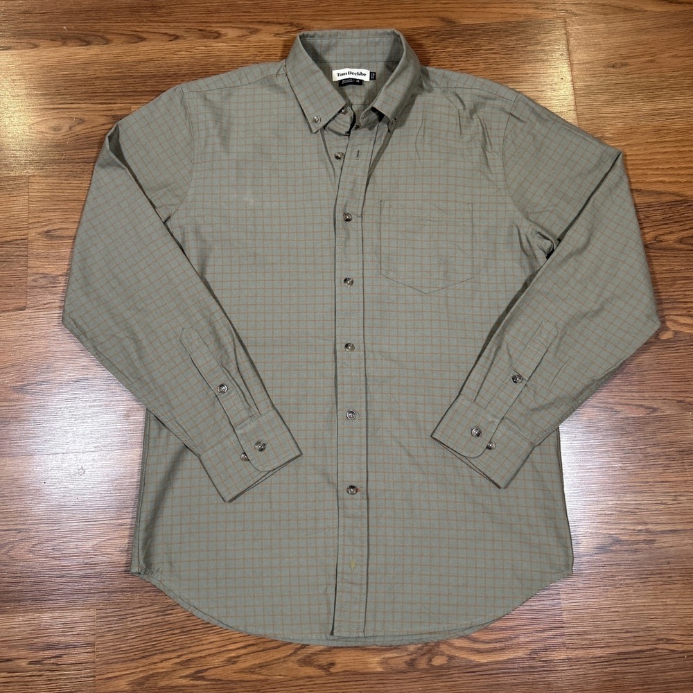 Tom Beckbe Mens Medium M Green Windowpane Plaid Button Down Shirt Long Sleeve